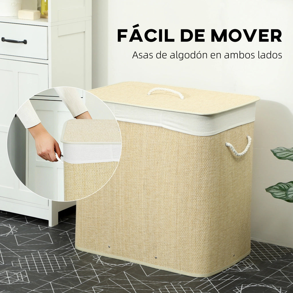 Cestino per Biancheria in Bamb¨´ con 3 Scomparti ¨C Zephmum ¨C 60x40x60 cm Crema