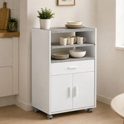 Carrello Akea, Mobile ausiliare per cucina con ruote, Armadio multiuso con 2 ante e 1 ripiano, cm 59x40h92, Bianco