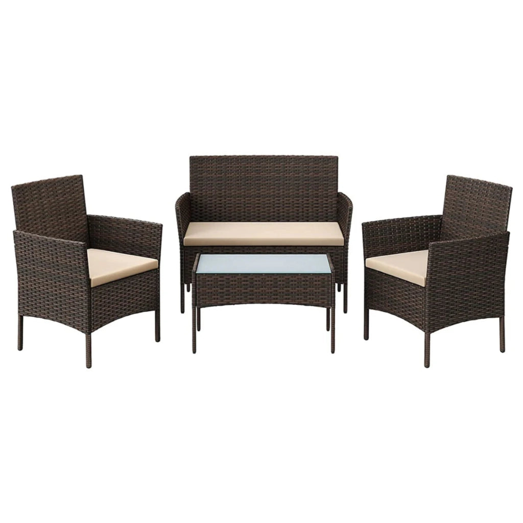 Set mobili da giardino per esterno 4 mobili superficie intrecciata in PE tavolo e sedie per terrazza giardino balcone marrone e tortora 12_0001663