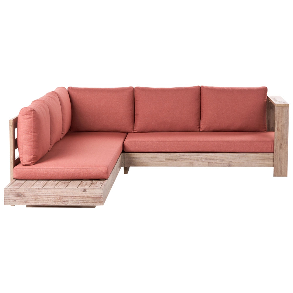 Set Lounge da Esterno con Divano Angolare Sinistro a 5 Posti in Legno di Acacia Certificato Chiaro con Cuscini Rossi e Tavolino Laterale
