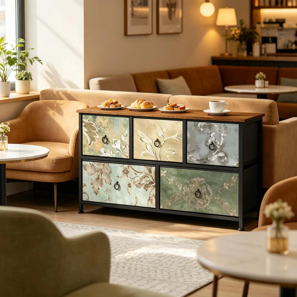 Mobile contenitore con 5 cassetti in tessuto, struttura in MDF e metallo, per camera da letto e ingresso, 100 × 30 × 54 cm