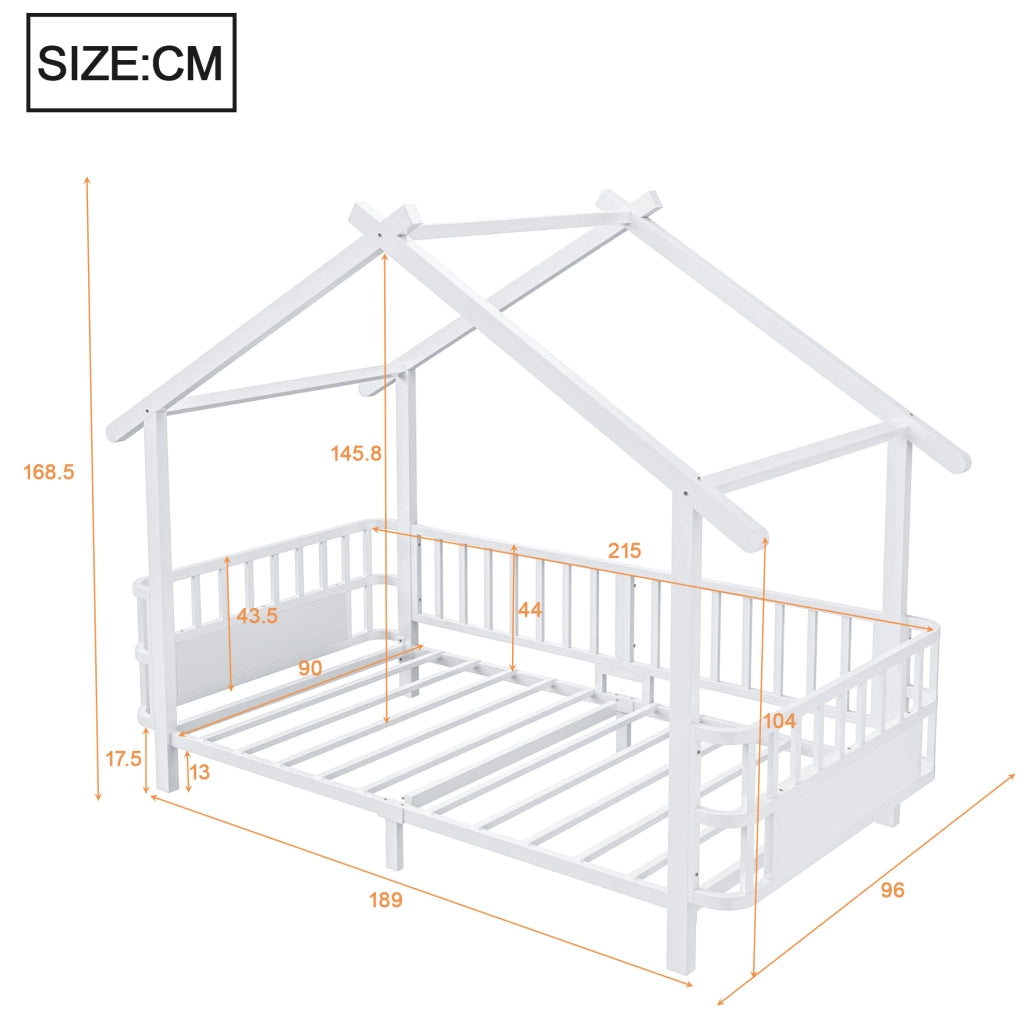 Letto per bambini in metallo a forma di casa 90x200 cm con sponde di sicurezza; bianco