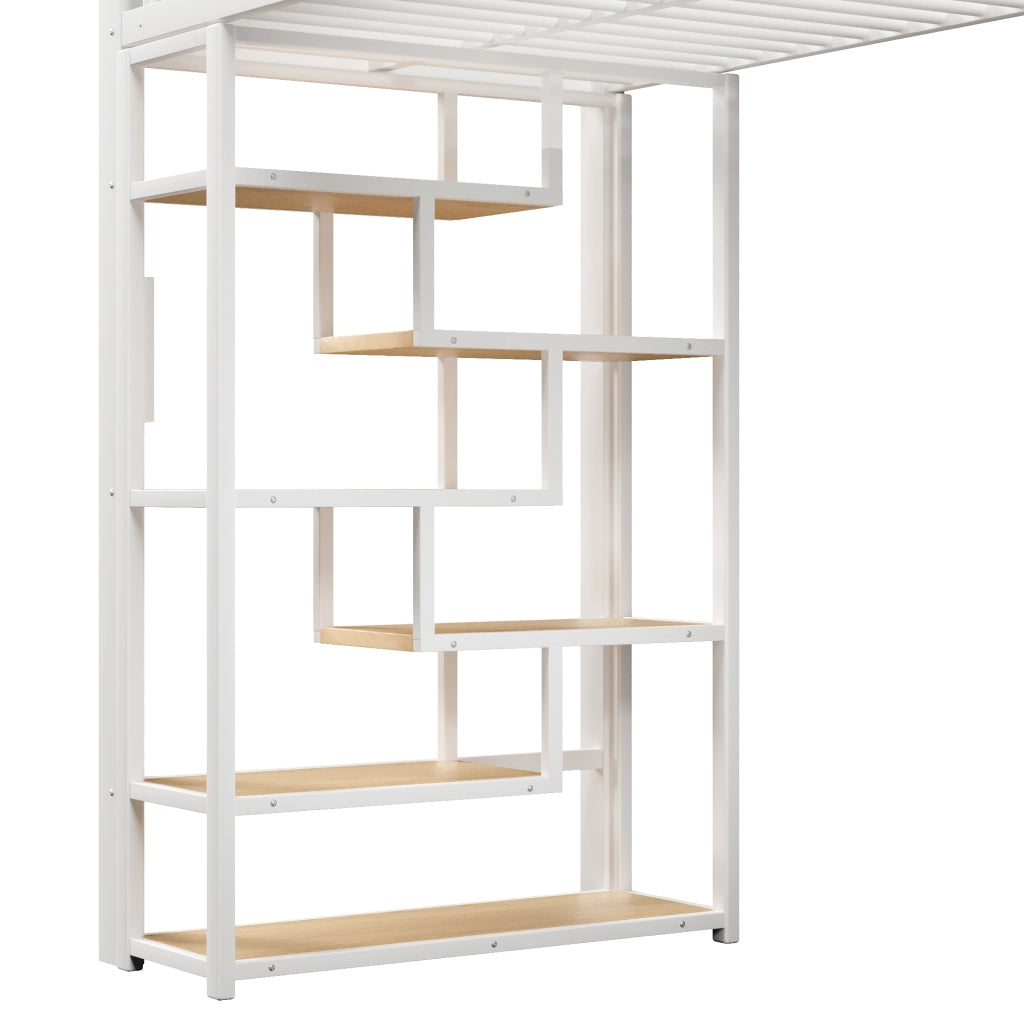 Letto a soppalco 90x200 cm con spazio libero sottostante; LED; ripiano; gradini integrati e parapetto; metallo bianco