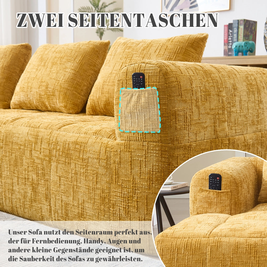 Divano componibile con chaise longue; tasche laterali; 250 × 158 × 60 cm; ciniglia gialla