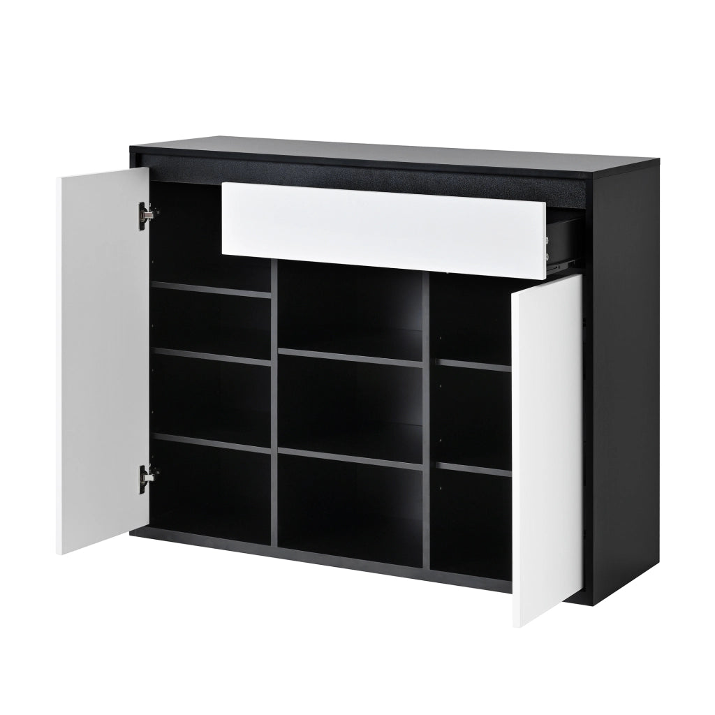 Mobile Scarpiera con 2 Ante; 1 Cassetto e LED; Ripiani Regolabili; Stile Moderno; in Pannello Truciolare; Nero e Bianco; 105??39;5??86 cm