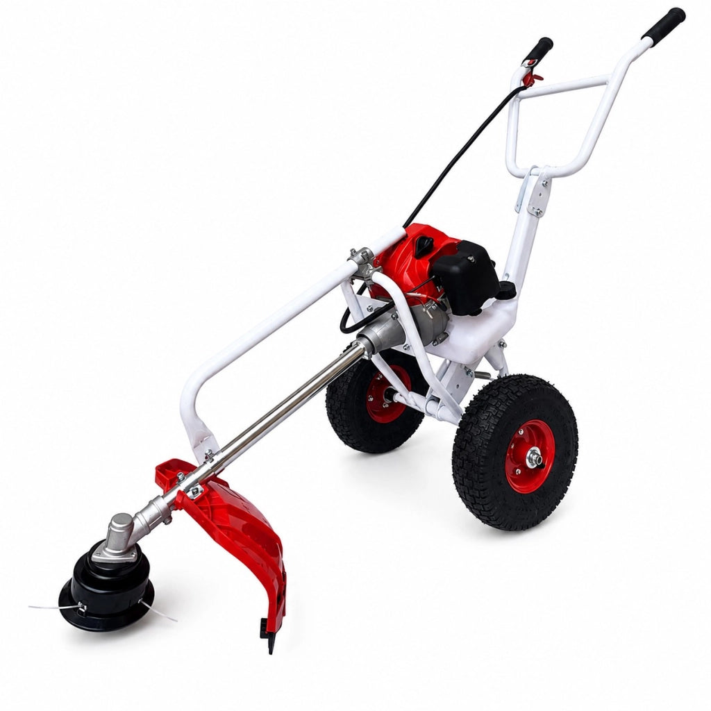 Decespugliatore a Scoppio 63cc Carrellato con Ruote 2HP 2 Tempi Tagliaerba a Spinta con Disco e Testina per Erba e Giardino