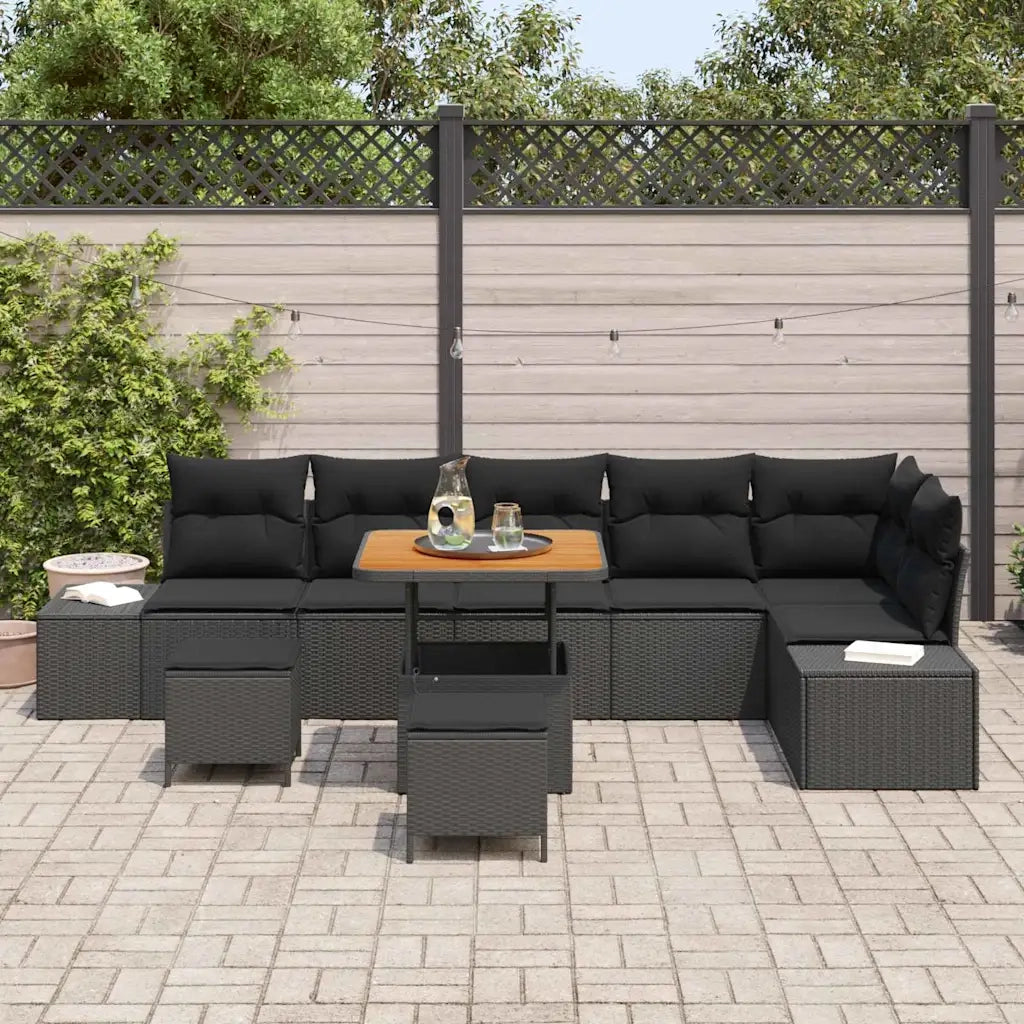 Set Divano da Giardino con cuscino 9 pcs Nero polyrattan