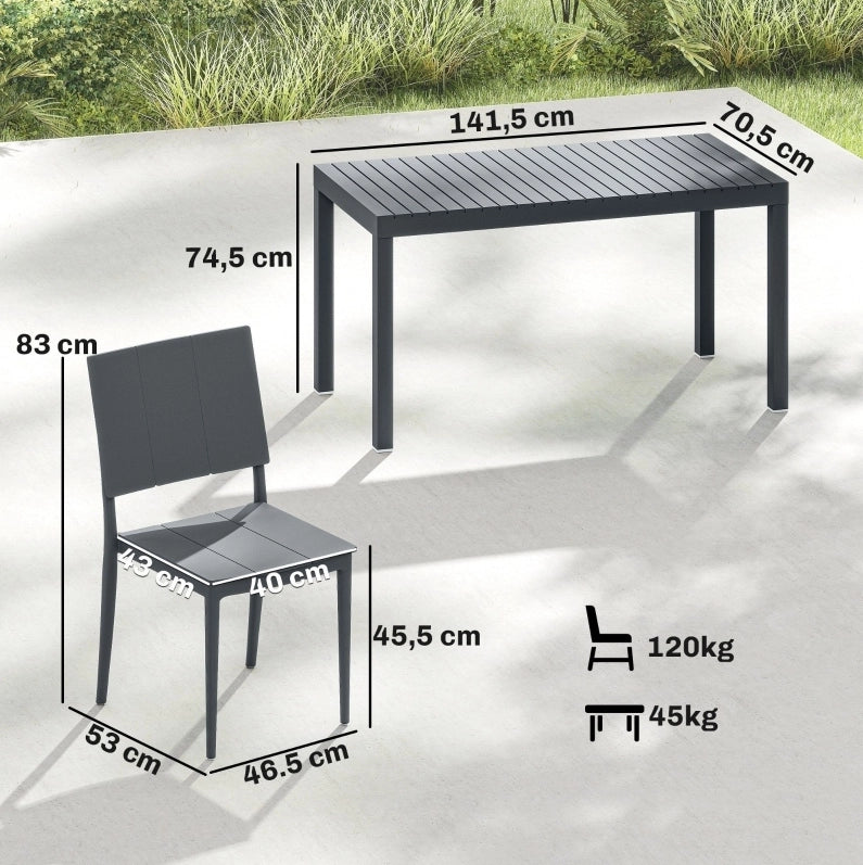 Salotto da esterno 5 pezzi per 4 persone con tavolo rettangolare e sedie impilabili; grigio scuro