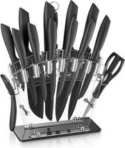 Set di coltelli in acciaio inox con contenitore in acrilico - 16 pezzi - nero - contenente coltelli con alto contenuto di carbonio - affilati - resistenti alla ruggine - per cucina