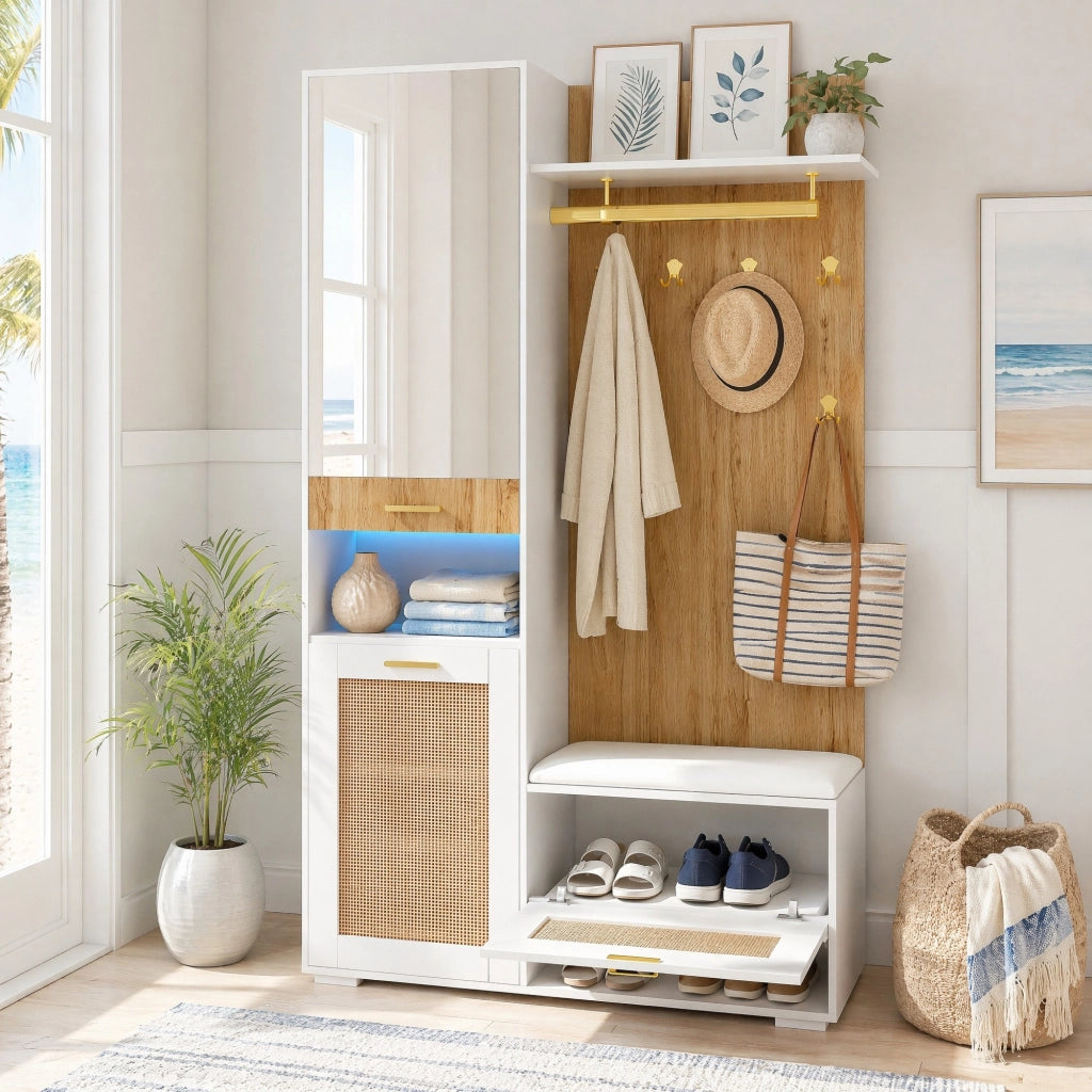 Set da ingresso con armadio a 3 ante, specchio, panca, vani a giorno e 6 ganci, MDF bianco e legno