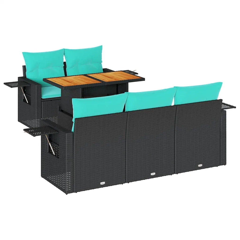 Set Divano da Giardino 6 pz con Cuscini Nero in Polyrattan