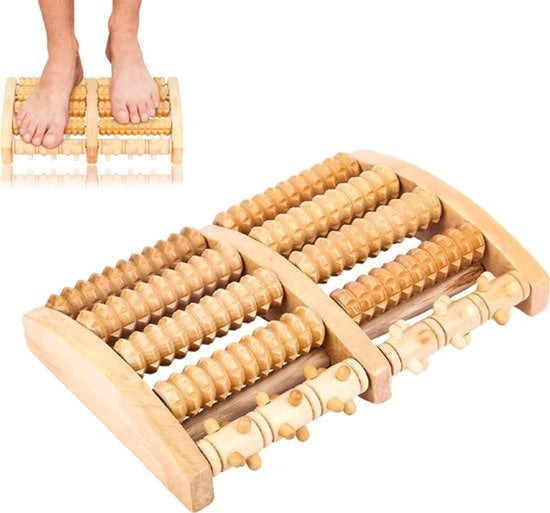 Roller per piede con 5 righe di perle in legno - Roller per massaggiare i piedi - Strumento per la riflessologia - Legno - Per alleviare la fasciite plantare - Per uso domestico e ufficio