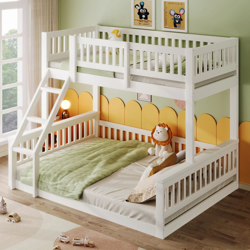 LETTO A CASTELLO 90x200 cm + 140x200 cm in legno bianco con scala e sponde