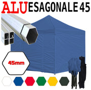 Gazebo 3x3 m blu pieghevole alluminio piantone esagonale 45mm portatile estendibile richiudibile estensibile acciaio con laterali per fiere eventi stand chiosco tenda tendone mercato mercatino    