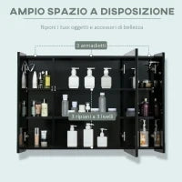 kleankin Armadietto con Specchio da Bagno a Parete in MDF con 3 Armadietti, 3 Ripiani e Luce LED, 90x15x65 cm, Nero