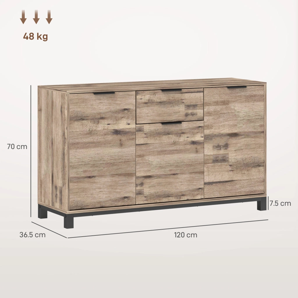 Credenza Buffet in stile Industriale con Cassetto e 3 Armadietti, in Legno Marrone, 120x36.5x70 cm