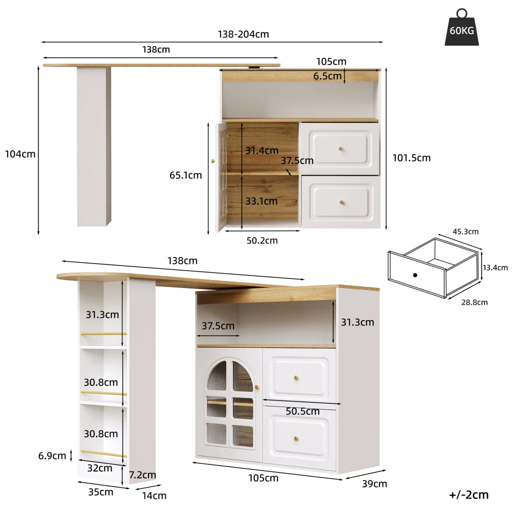 Mobile Bar Girevole con 2 Cassetti; Ripiani e Anta in Vetro Curvo; in MDF; Bianco; 138-204 x 39 x 104 cm