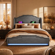 LETTO Contenitore 140x200 cm in velluto grigio con LED e USB/Type-C