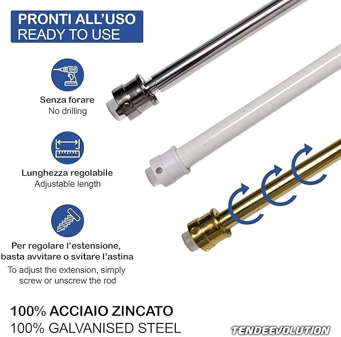 Astina a Molla in Acciao Zincato - Bastoncini Pressione Estensibili 63-110cm - Colore Cromo