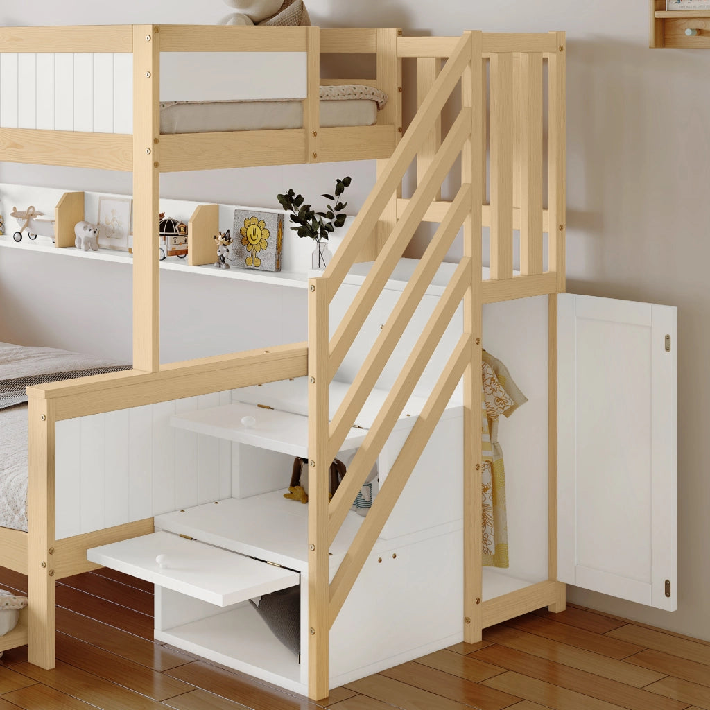 Letto a Castello; Letto Singolo 90x200 cm e 120x200 cm con estraibile; armadio e scala