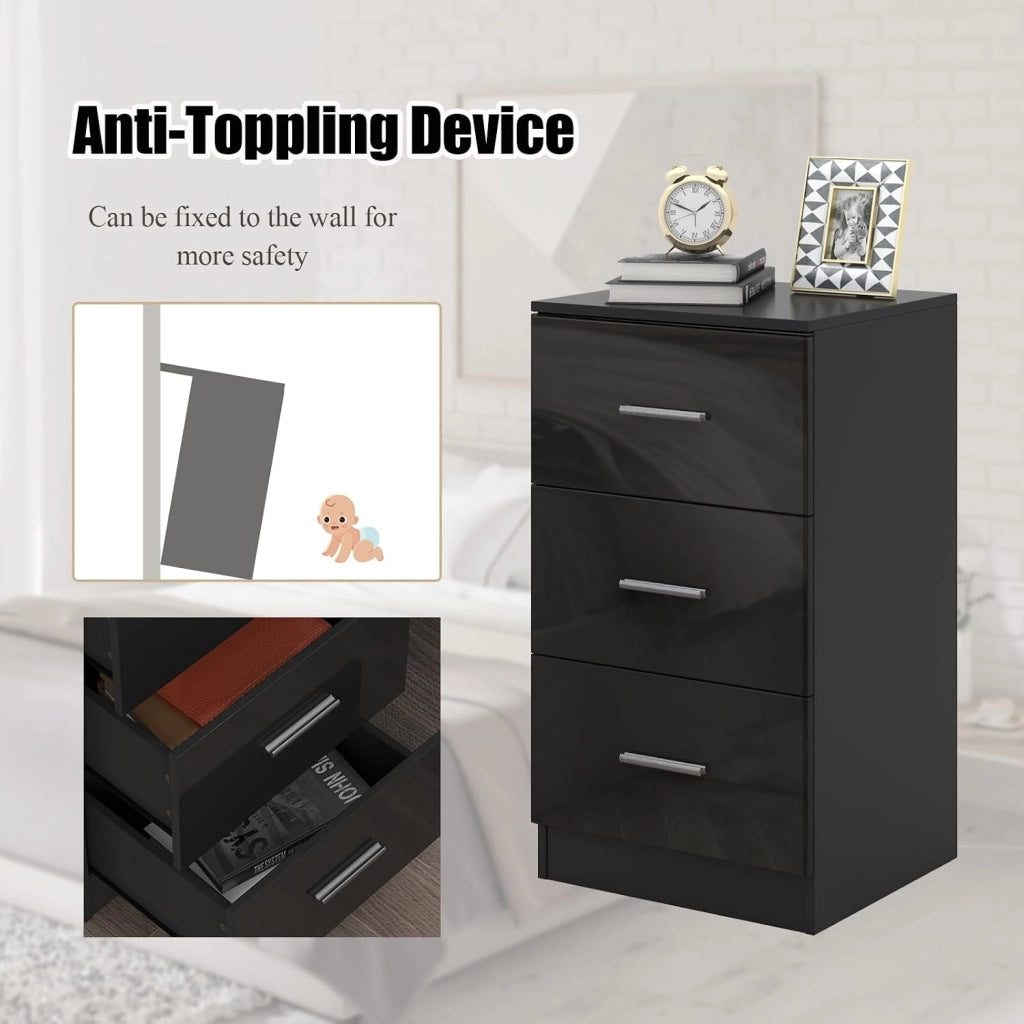 Comodino con 3 cassetti, comodino in legno, tavolino piccolo, cassettiera per camera da letto, ufficio, 37 x 34 x 66,5 cm (2, nero)