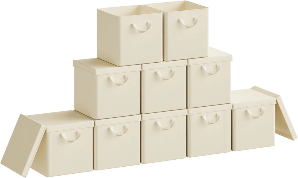 Scatole Contenitori Pieghevoli Set di 10, Cubi in Tessuto con Manico, Coperchio e Struttura in Metallo, Organizer per Armadio e Scaffale, Crema, 27x27x27cm