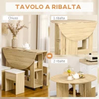 Set Tavolo e Sedie 5 Pezzi in Truciolato, Tavolo Rotondo con 2 Ripiani Aperti e 4 Sgabelli Moderni