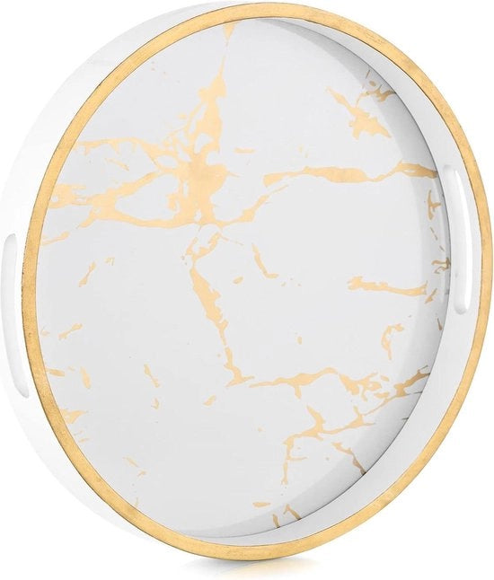 Tavolo da caffè decorativo a forma rotonda - modello marmoreo per tavolo da salotto - maniglie - accessori per soggiorno - piatto da tavolo da salotto - bianco.