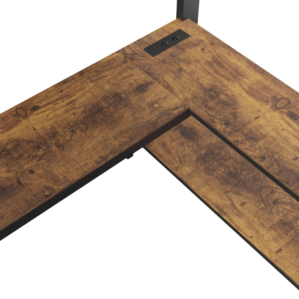 Letto a soppalco ULEVR 140x200 cm con scrivania angolare, prese USB-C e LED, marrone vintage e nero