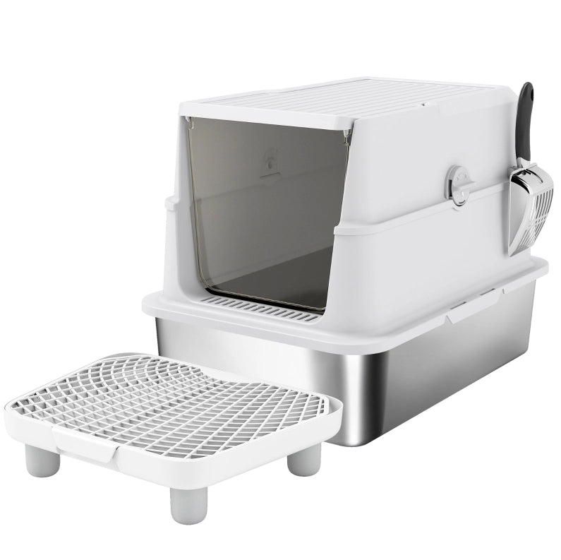 Lettiera chiusa per gatti in acciaio inox; interno XL; grigio chiaro