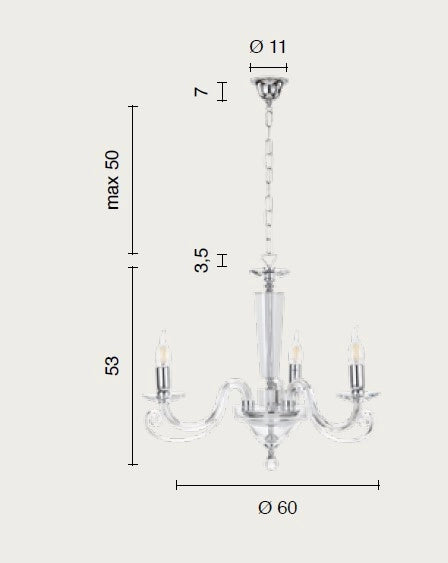 LAMPADARIO CHERUBINI 3 LUCI BIANCO E CROMO ATTACCO E14 D.60CM