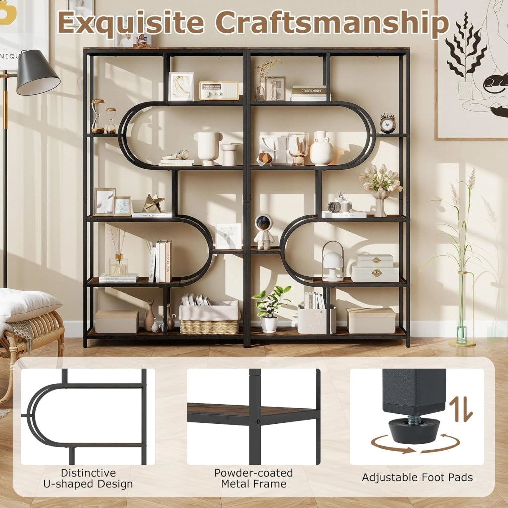 Libreria Geometrica a 8 livelli, scaffale portaoggetti con ripiani aperti in legno, telaio in metallo, kit antiribaltamento, 95 x 30 x 175 cm, per soggiorno, camera da letto, ufficio (marrone)