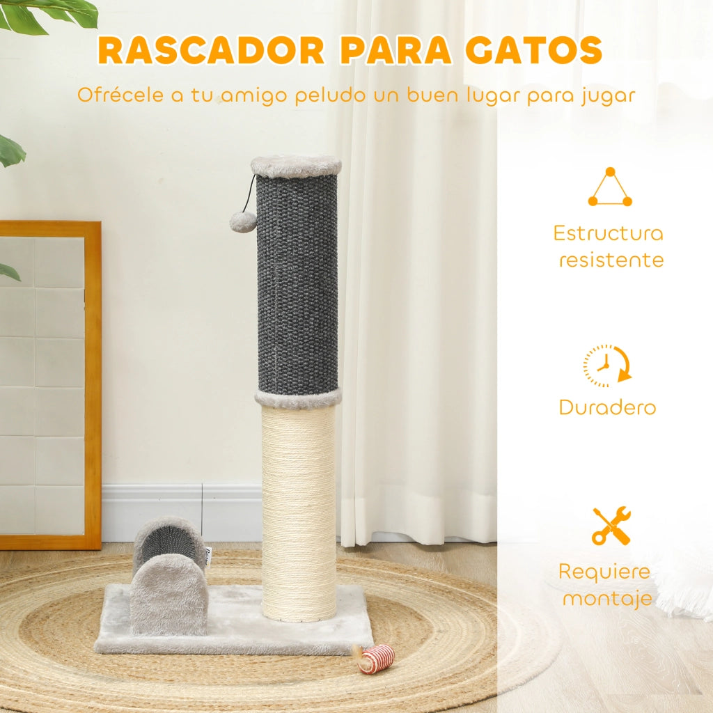 Grattatoio per Gatti in Sisal con Spazzola e Palla ¨C Zephmum ¨C Grigio e Crema 40x48x85 cm