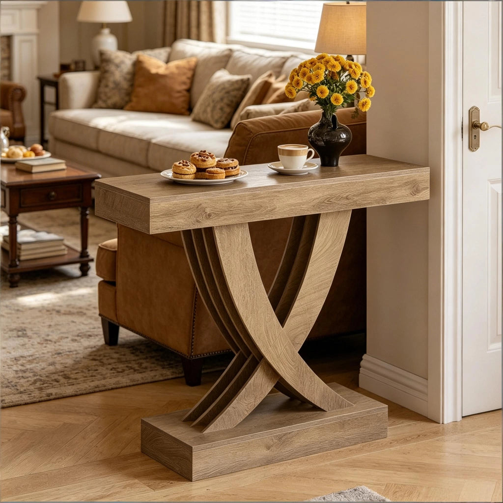 Consolle in MDF con struttura a X e piano robusto, stile rustico, per ingresso, soggiorno e corridoio, marrone, 110 cm