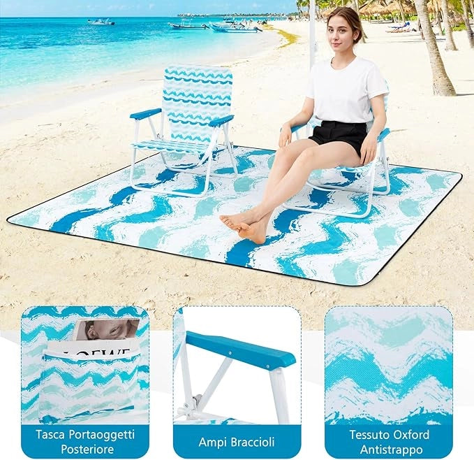 Set da Spiaggia di 4 Pezzi con Ombrellone, 2 Sedie Pieghevoli, Coperta da Picnic, Parasole Portatile per Esterni con Meccanismo di Inclinazione, Portabicchieri, Braccioli