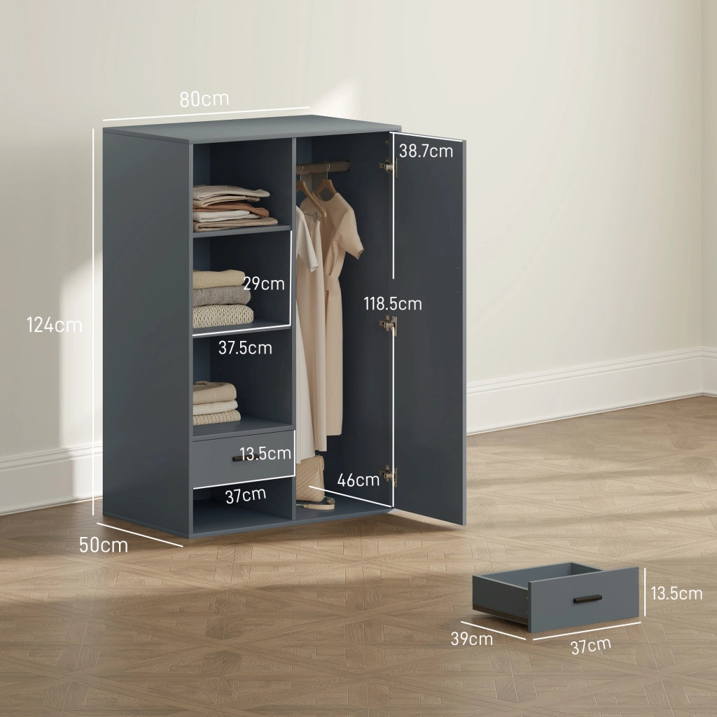 Armadio Moderno 80x50x124 cm Appendiabiti Cassetti e Mensole in Truciolare Grigio Scuro