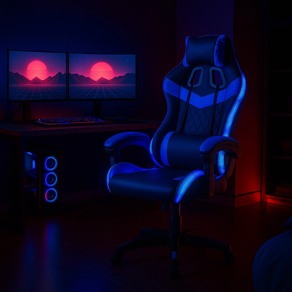 Sedia Gaming Scrivania Led RGB Ergonomica Altezza Eegolabile con 2Cuscini Nero Blu