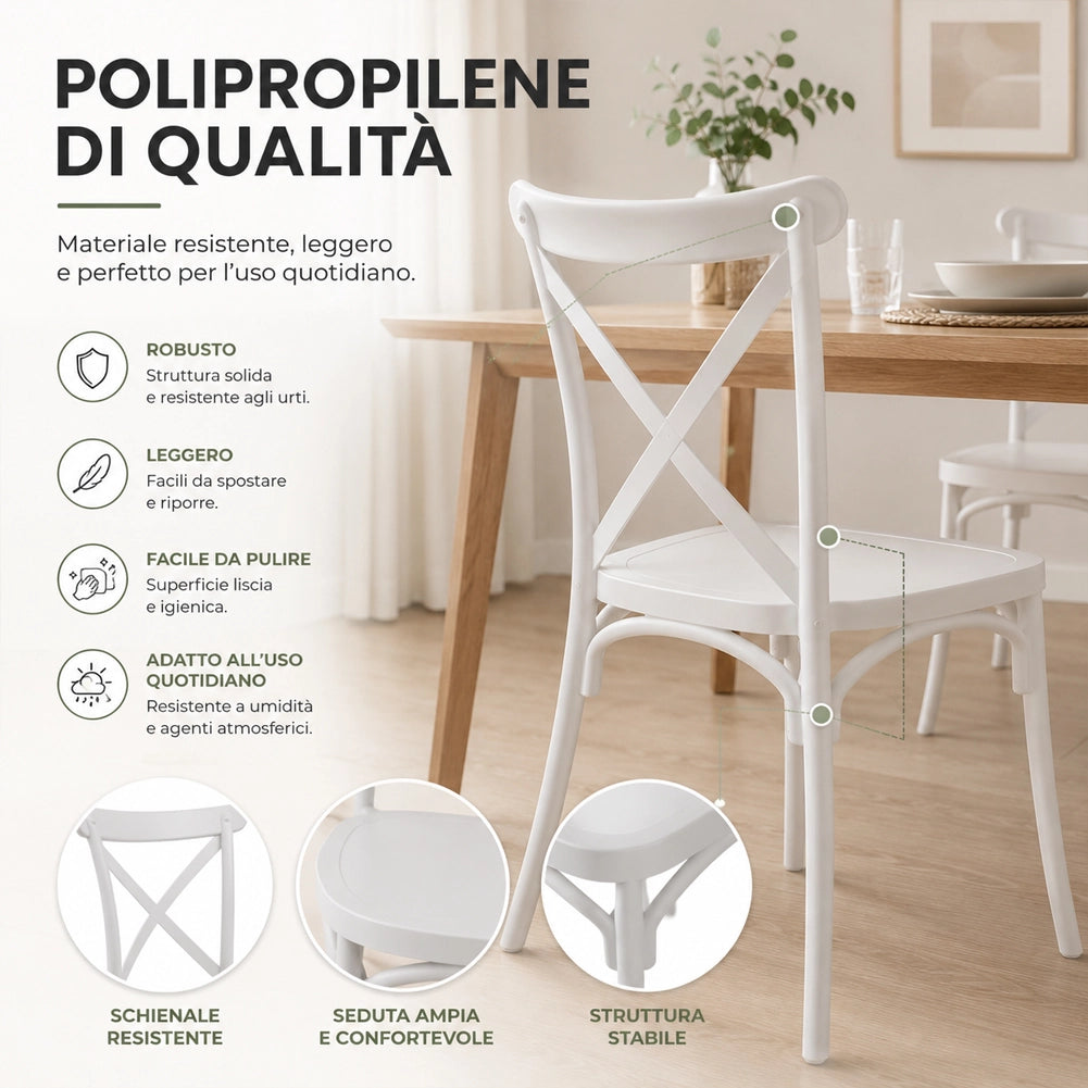 Set 4 Sedie da Pranzo Impilabili in Polipropilene Modello Chiavarina 43x60x89 cm