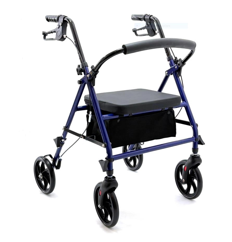 Fenixshop24 Deambulatore Rollator Pieghevole in Acciaio, 4 Ruote, Sedile e Cestino – Blu