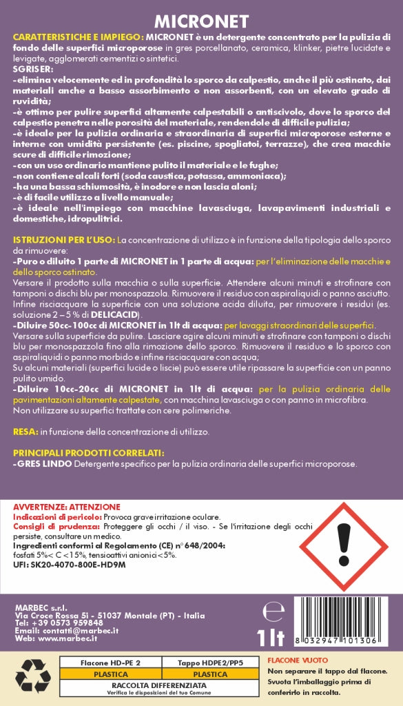 Detergente per gres porcellanato e pietre MICRONET   1LT