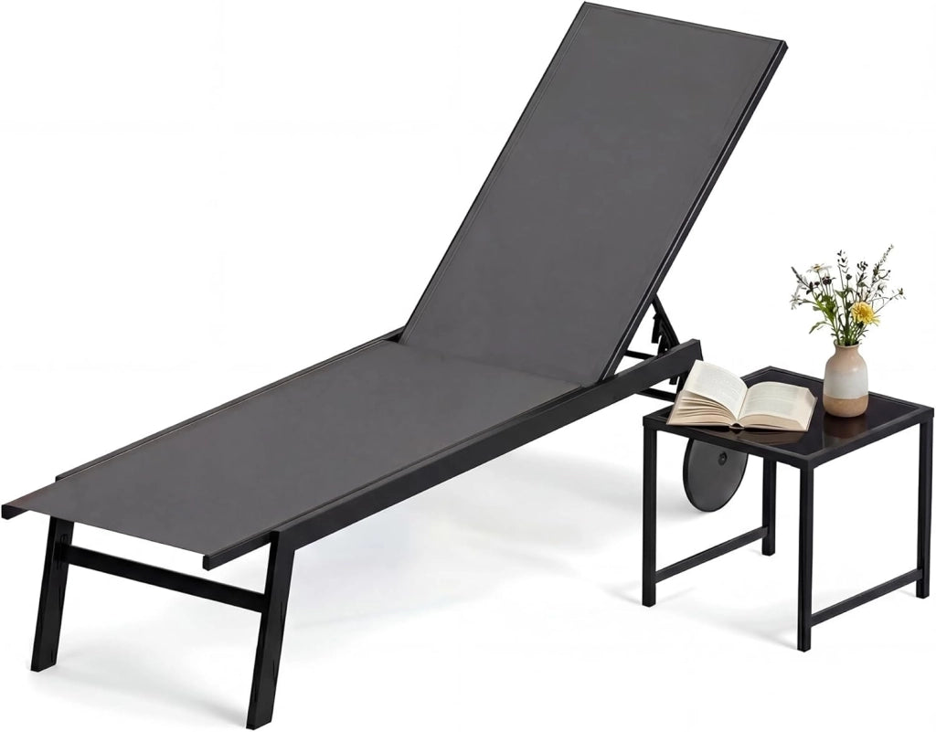 Lettino da giardino con ruote e tavolino, resistente alle intemperie, con schienale regolabile in 6 posizioni, sedia a sdraio con telaio in metallo fino a 150 kg, per giardino, terrazza