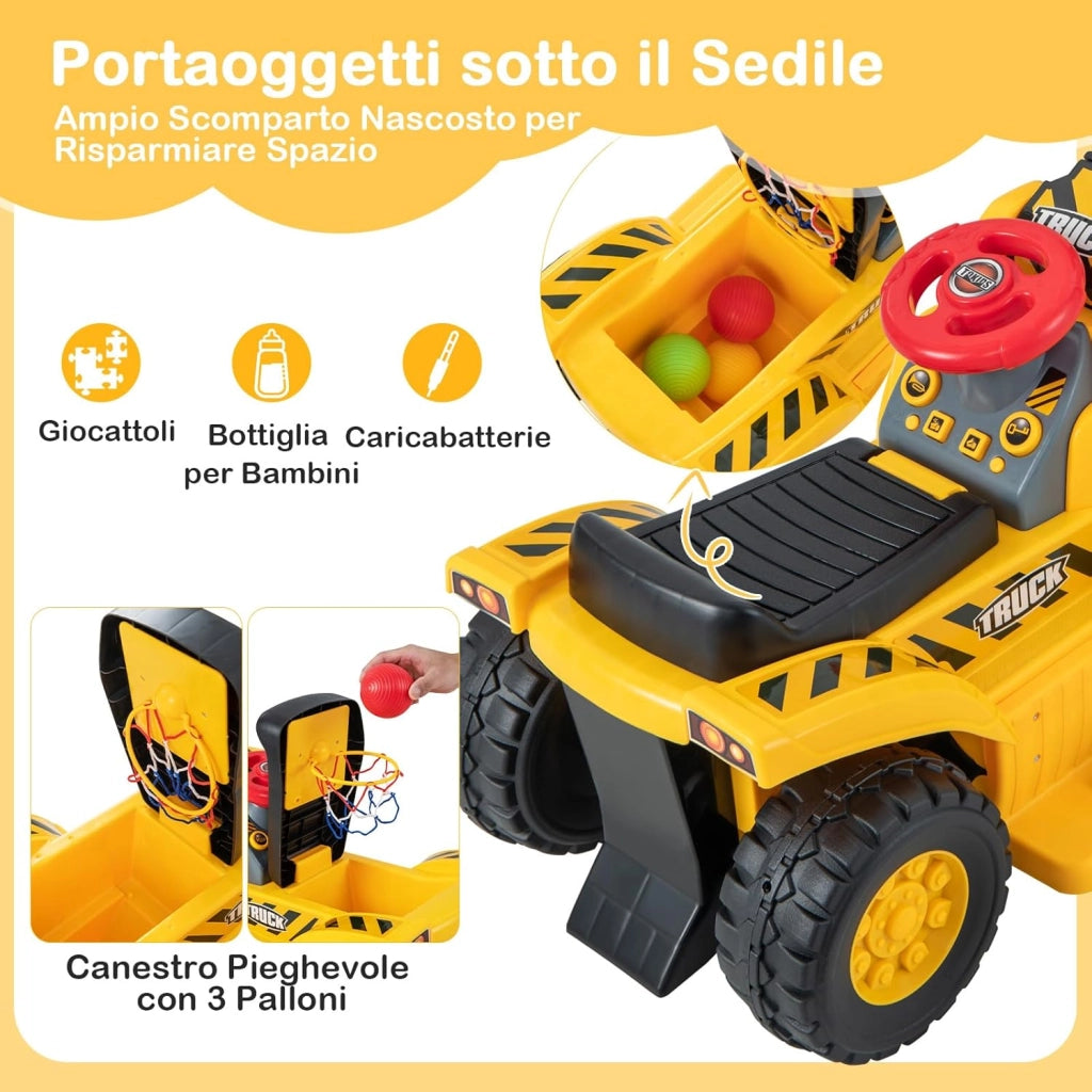 Escavatore Elettrico per Bambini, Ruspa con Vano Clacson ed Effetti Sonori, Canestro da Basket Pieghevole e 3 Palline, Giocattolo per Scavare per Bambini 2 Anni +