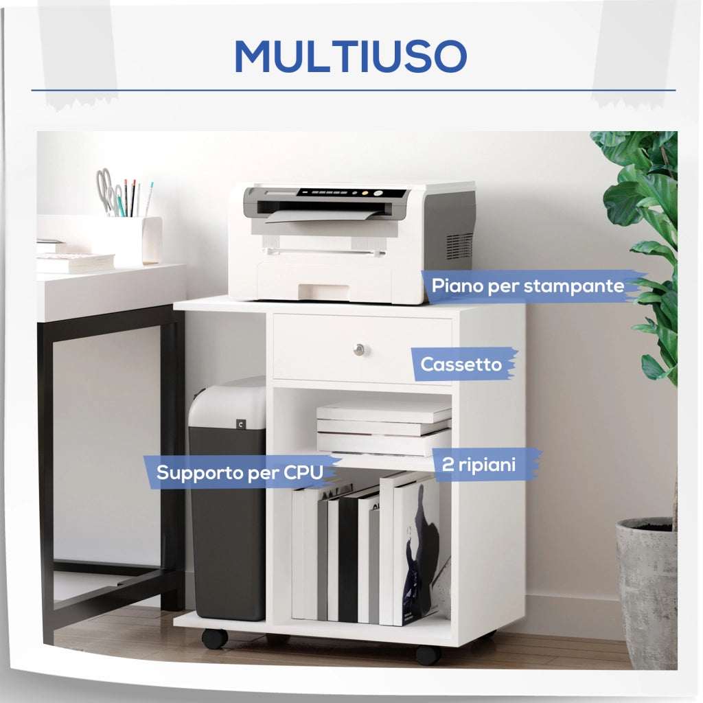 Mobiletto per Stampante in Legno con 4 Ruote, Mensola Regolabile e Piano per CPU, Bianco