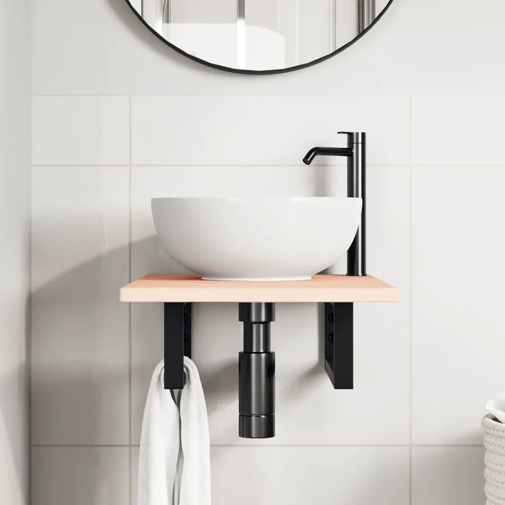Ripiano a Parete per Lavabo in Acciaio e Massello di Rovere 3302537