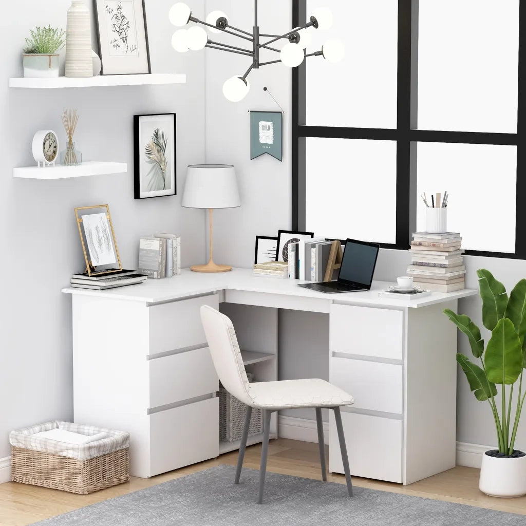Scrivania | Tavolo da Ufficio ad Angolo Bianca 145x100x76 cm in Legno Multistrato