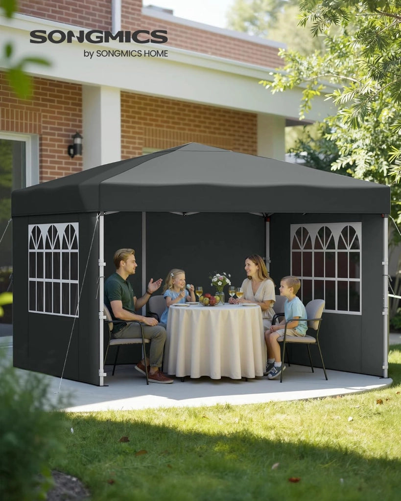SONGMICS Gazebo, Tendone Pieghevole, Protezione Solare, Resistente alla Pioggia Leggera, Portatile, con Pareti Laterali, per Cortile, Giardino, Mercato, 3 x 3 m, Grigio Scuro GCT104GZ01
