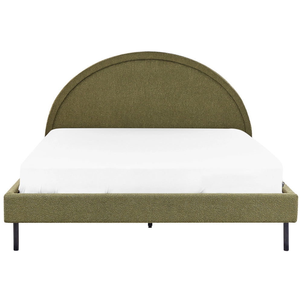 Letto matrimoniale in poliestere bouclè verde imbottito con base a doghe e testiera rotonda 160 x 200 cm minimalista retrò