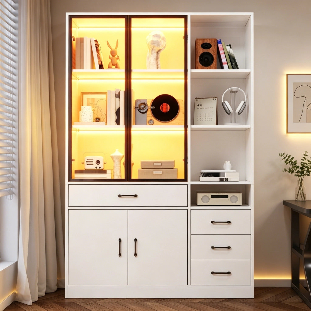 Libreria vetrina con 2 porte in vetro; 4 cassetti; 13 spazi di contenimento; LED; per soggiorno; 120 × 35 × 200 cm