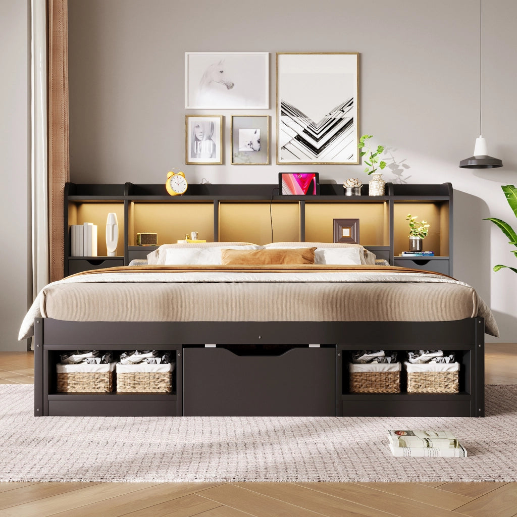 Letto piattaforma 140x200 cm con vani; 3 cassetti e illuminazione LED; nero