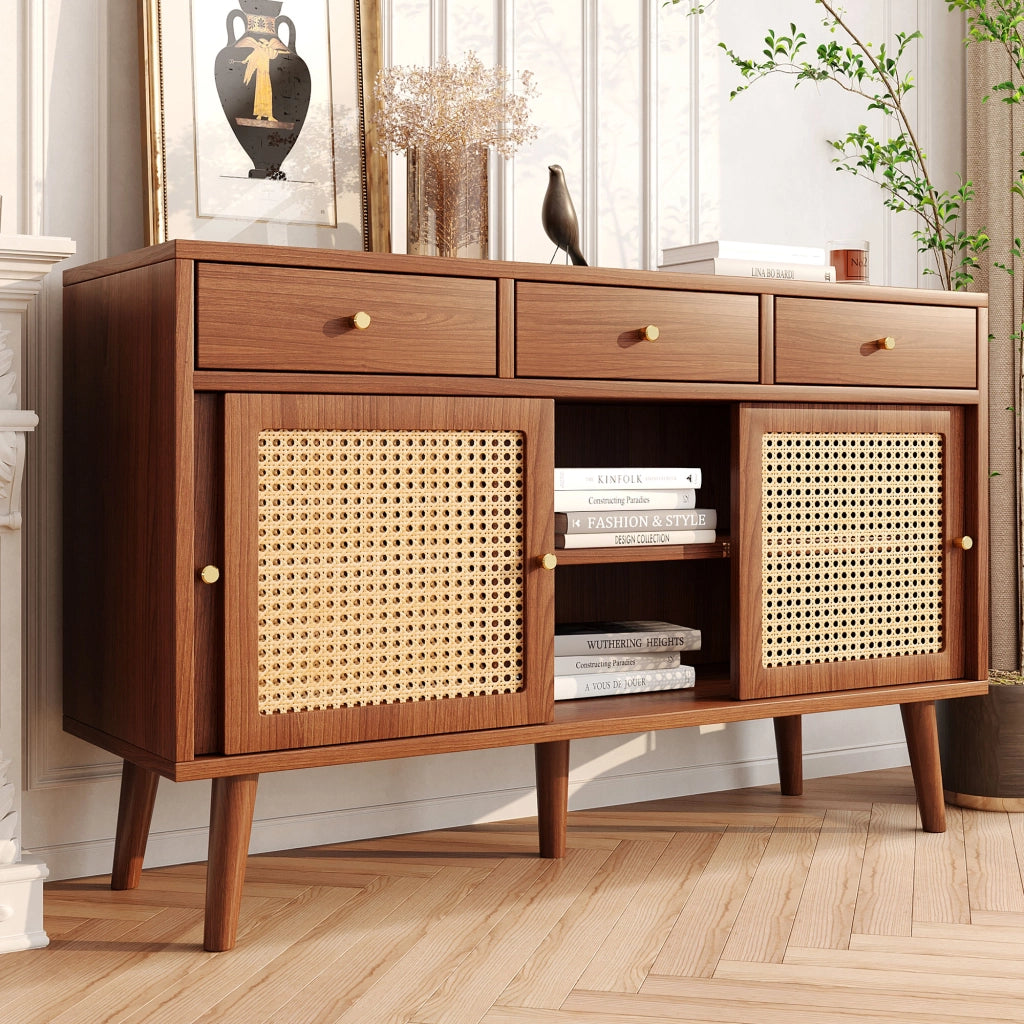 Credenza con Cassetti e Ante Scorrevoli in Rattan ¨C MINIMAL ¨C Noce, Metallo Dorato, 120x40x78
